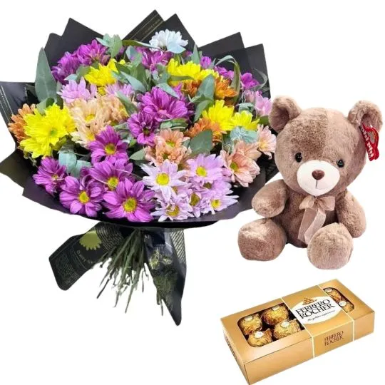 Ramo de flores margaritas con rocher x8 y peluche